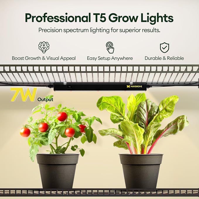 Maygrove T5 Grow Lights for Indoor Plants 1FT, Red-Enhanced Full Spectrum 5000K Grow Light, 28W(4 x 7W), Grow Light Strips for Seed Starting, Greenhouse, High PPFD, Linkable, Black, 4-Pack