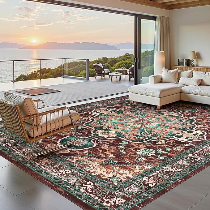 U'Artlines Boho Vintage Area Rug 9x12 Machine Washable Carpet, Rust＆Teal | Low Pile, Non Slip, Ultra-Thin Soft Floor Carpet, Accent Rug for Living Room Bedroom Dining Room Office