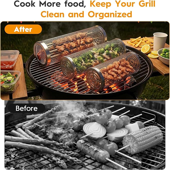 3 Pcs Rolling Grill Baskets for Outdoor Grill Accessories, BBQ Grilling Basket for Vegetables Shrimp Kebob, Outdoor Cooking Camping, Birthday Gifts for Men Dad Husband