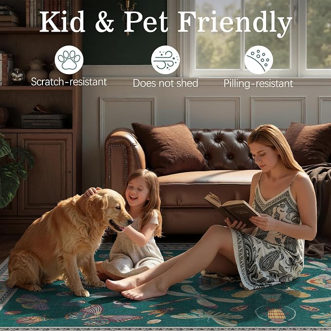 DCX 4x6 Washable Bug Rug for Living Room, Soft Low Pile Rug, Deep Teal | Easy to clean, non-shedding, soft, kid & pet friendly, with a non-slip rubber backing for bedrooms, and nature-themed decor