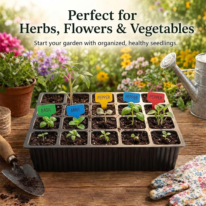 Square Nursery Pots 2 Layers with Drainage, 100 Cell Seeding Tray, 5 Packs | Double-layer Drainage Design Seed Starter Tray, More Durable for Reusable, Coloful Plant Lables