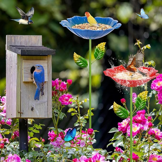 2 Pack Bird Baths for Outdoors, Colorful Metal Bird Bath for Outside, Hummingbird Bath with Five Stakes, Garden Flower Small Birdbath for Garden Decor, 31.3" H x 10.63" Dia (Cyan, Deep Red)