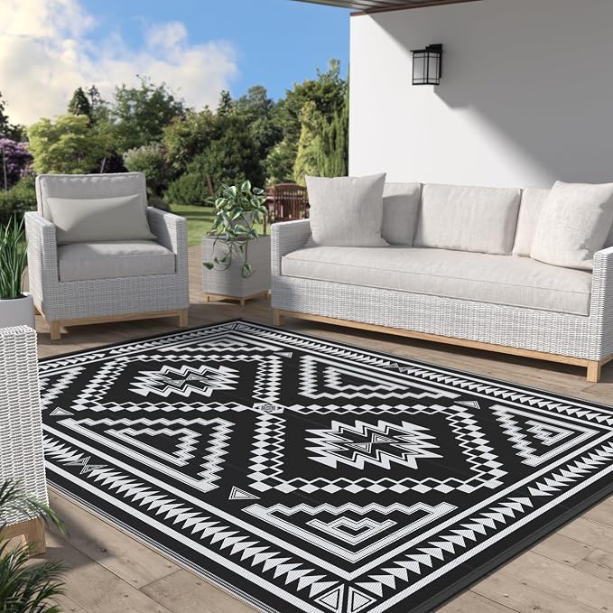 GENIMO Outdoor Rug for Patio Clearance - 6x9 ft Waterproof Plastic Camping Rugs, Reversible Outside Rv Mat Carpet for Porch, Deck, Picnic, Balcony, Beach, Backyard, Black White
