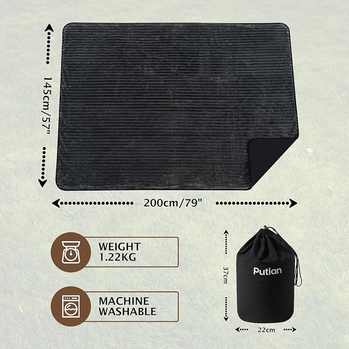 PuTian Waterproof Outdoor Blanket 79"X57" Packable, Stadium & Car Camping Blanket with Corduroy Fleece Lining, Windproof Throw for Picnic Hiking Road Trip, Machine Washable, Black 350GSM