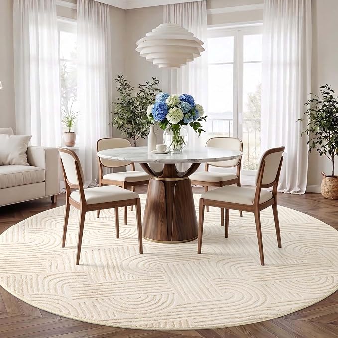 Etwel 8 ft Beige Modern Geometric Textured High-Low Pile Washable Round Rug | Soft Carpet, Non-Slip PVC Backing, Low Profile, Kid and Pet Friendly, for Living Room, Bedroom, Dining Room, Nursery