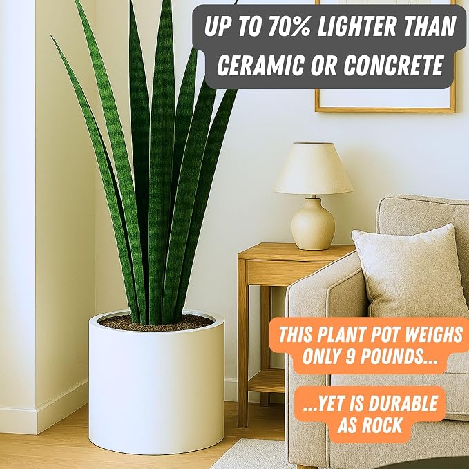 Fox & Fern Large Indoor Planter, Modern Large Plant Pot for Indoor or Outdoor, UV and Frost Resistant - 14.6 Inch, Fiberstone, Matte White Flower Pot with Drainage Plug, Lightweight