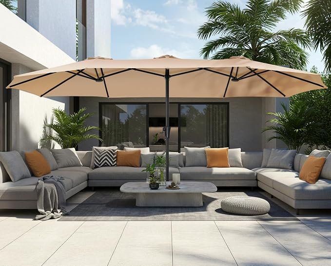 SUPERJARE 15FT Outdoor Umbrella for Patio, Double sided Pool Umbrellas with Fade Resistant Canopy, Large Table Umbrella for Deck, Market, Backyard - Beige(No Base)