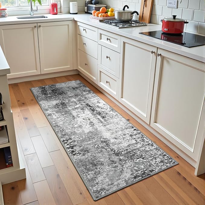 Dark Grey Washable Runner Rug for Bedroom, Abstract Non-Slip Soft Entryway Rugs, Modern Low Pile Stain Resistant 2x6 Carpet for Entryway, Kitchen, Hallway, Bedside