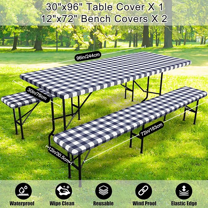 Smiry Picnic Table Cover with Bench Covers, Waterproof Elastic Fitted Tablecloths for 8 Foot Rectangle Tables, Washable Buffalo Plaid Tablecloth for Camping, Outdoor (Navy & White, 30"x96")