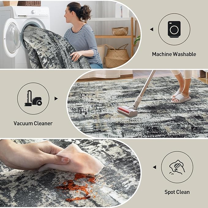 9x12 Area Rugs for Living Room: Washable Abstract Black Grey Gold Carpet | Non-slip TPE backing makes this washable soft low-pile rug safe & durable, Pet-friendly decor for dining room,nursery,office