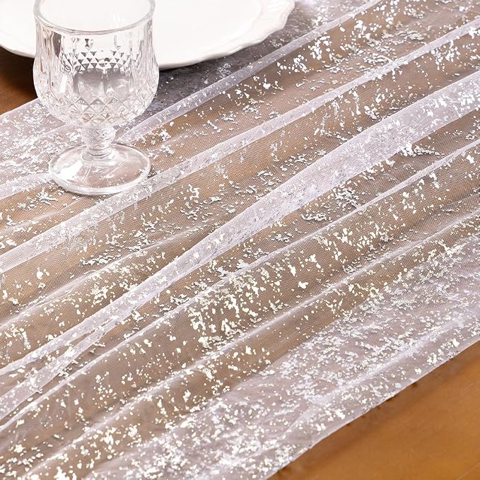 Socomi Silver Table Runner Gauze Tulle Sheer Glitter Metallic Foil Chiffon Cheesecloth Sequin 10FT Wedding Birthday Party Dining Anniversary Holiday Centerpiece Table Decor
