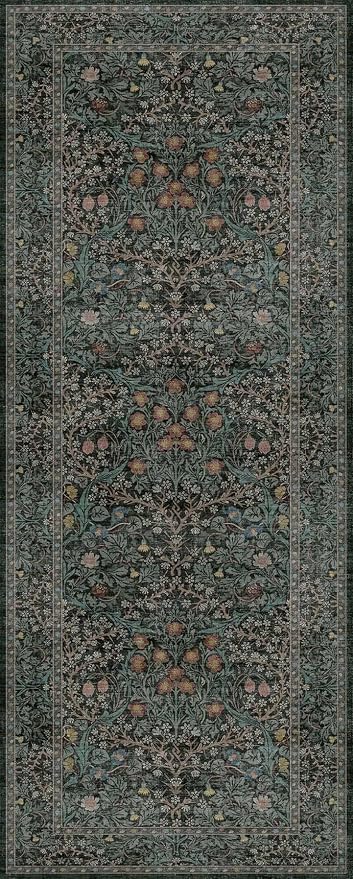 Dark Green 2x5 Runner Rug Non Slip Washable for Bathroom, Kitchen, Floral Boho Low Pile Entryway Rug, Door Mat Indoor Entrance, Small Carpet Runner for Laundry Room