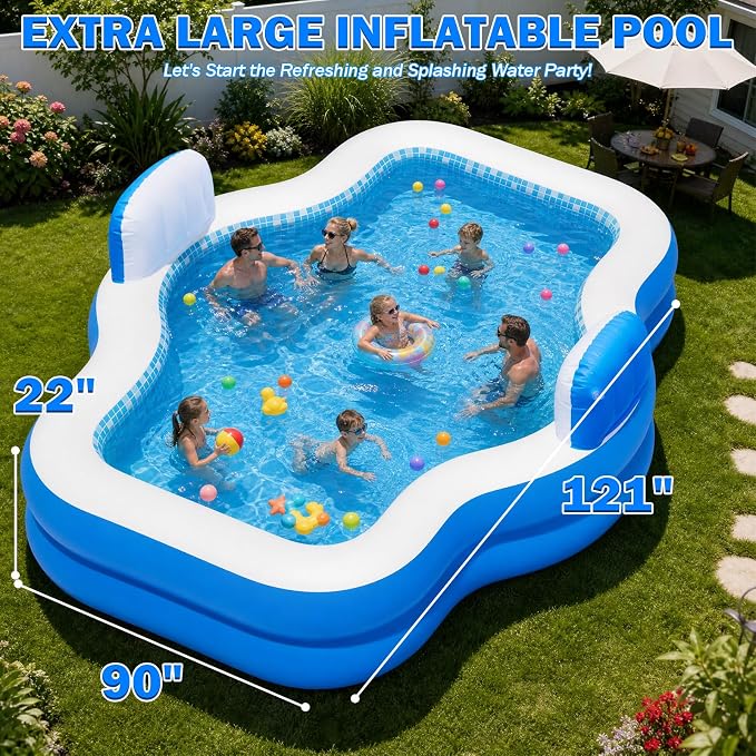 Extra Large Inflatable Pool with Pump, 121" X 90" X 22" Full-Sized Blow Up Pool with Seats for Adults, Family Inflatable Swimming Pool for Summer Water Party Backyard Garden Lawn
