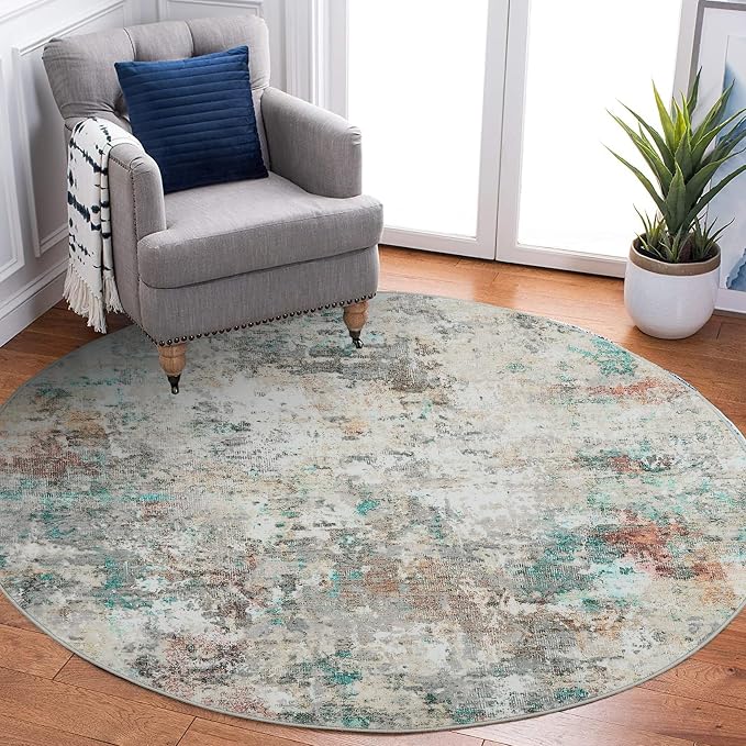 ROYHOME Modern Abstract 4x4 Round Area Rug Non Slip, Colorful | Non Shedding Rug Low Pile Stain Resistant for Bedroom Living Room office Dining Room