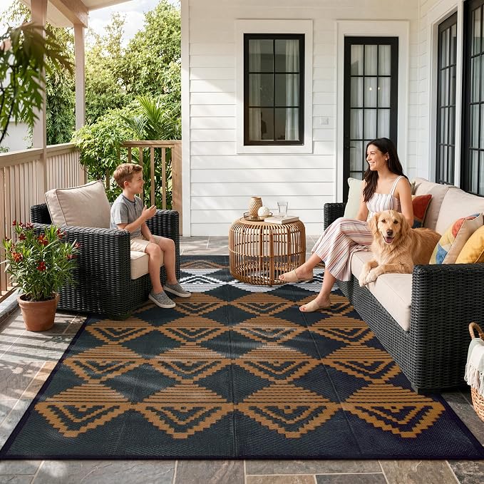 Beeiva RV Outdoor Rug 6x9 Waterproof for Camping, Reversible Plastic Straw Rug for Camper, Porch, Balcony, Foldable Outdoor Mat Black Brown
