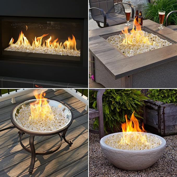 Onlyfire 10 lbs Fire Glass Rocks 1/2 Inch, Reflective Tempered Glass for Propane Fire Pit & Gas Fireplace, High Luster Firepit Glass Stones for Fire Table, Gold (Multicolor Options Available)