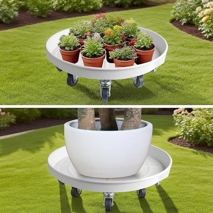 20 Inch Heavy Duty Plant Stand on Wheels, Round Plant Caddy with Wheels for Indoor & Outdoor Use, Metal Rolling Tray for Potted and Small Furniture (White 2 Pcs)