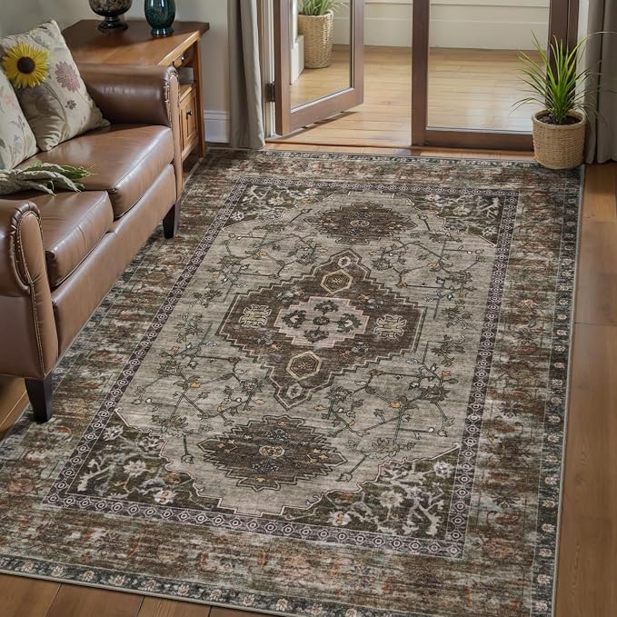 Tangsoo 4x6 Washable Area Rug, Oriental Non Slip Indoor Accent Rugs | Vinatge Rugs for Living Room, Boho Soft Low Pile Print Distressed Carpet for Bedroom Dining Room Office Taupe Home Decor