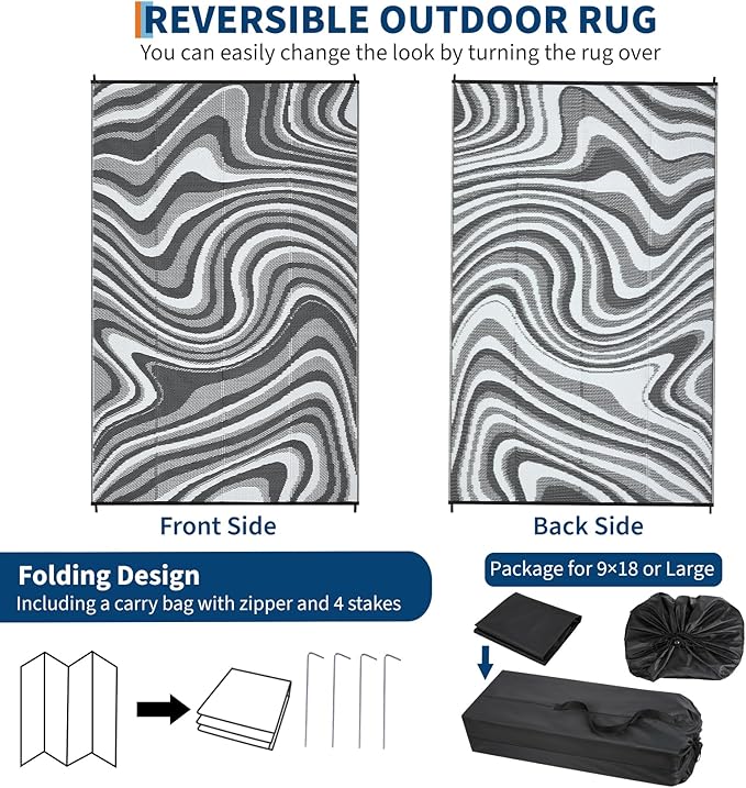 Garvee Waterproof Outdoor Rug 10x20 Large Abstract Outdoor Camping Rug with Portable Bag, Foldable Reversible Plastic Straw Rugs Modern UV Resistant Mats for Picnic Backyard RV Beach, Black Grey