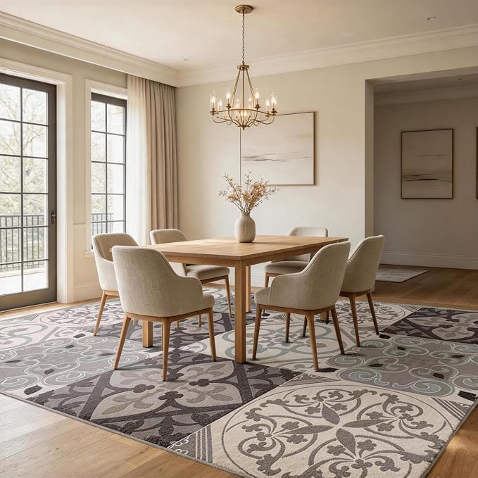 Washable Geometric Moroccan Area Rug 8x10, Non-Slip Low-Pile Stain Resistant Modern Indoor Carpet for Living Room Dining Room Bedroom Office, Grey Brown
