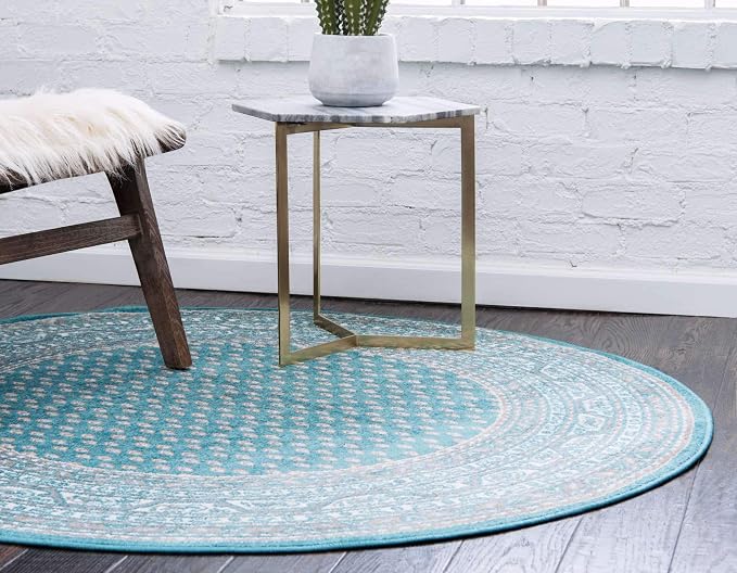 Unique Loom Williamsburg Collection Traditional Border with Dotted Center Area Rug, Round 8' 0" x 8' 0", Teal/Beige