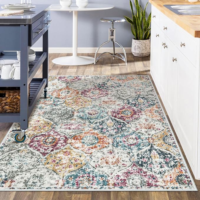 Lahome Moroccan Small Washable Area Rug, 3x5 Rug for Bedroom Living Room | Trellis Non-Slip Oriental Accent Throw Carpet for Kitchen Office Entryway Bathroom Office Elise Aqua/Multi