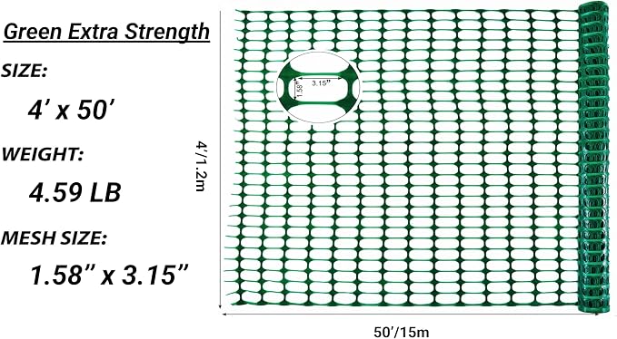 PotatoLife Plastic Mesh Fence, Extra Strength 4'x50' Roll with 50 Zip Ties, Resuable Temporary Netting for Garden Fencing, Snow Fencing, Animal Barrier, Poultry, Deer, Dog, Construction, Green