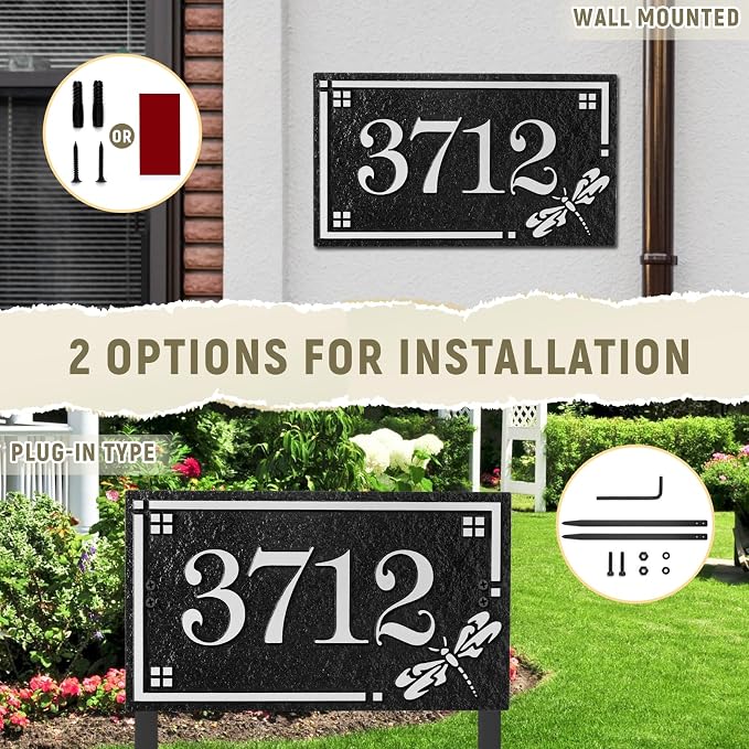 House Address Sign Address Plaque for Outside Custom Street Name Address Sign House Number with Lawn Stake (Black/Silver)