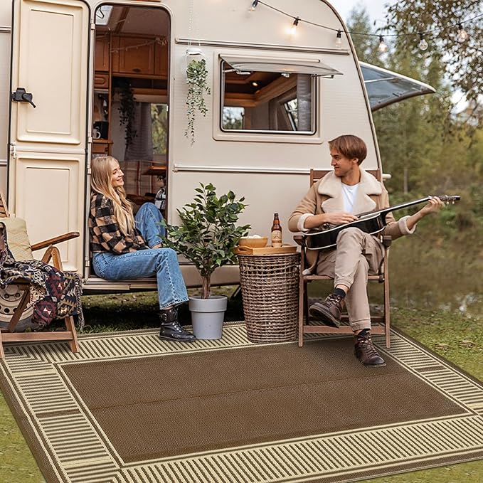 Waterproof Plastic Straw Outdoor Rug 9x18 Patio Reversible UV Resistant Foldable Camping Carpet Modern Striped Large Outdoor Rugs for Deck, Picnic, Porch, Camper, Balcony, Beach，Brown/Coffee