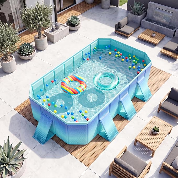 Goplus Foldable Non-Inflatable Swimming Pool, Portable Rectangle Around Ground Pool with 24 Hard Shell, Drain Hose, Outdoor Collapsible Kiddie Pool for Backyard Garden (Mint Green,99x52 in)