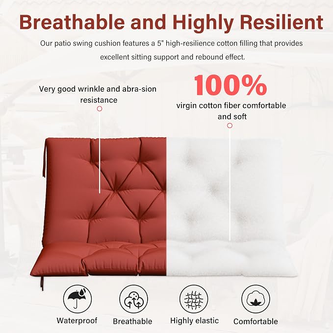 Porch Swing Cushion with Backrest,Waterproof Bench Cushion for Outdoor Furniture,2-3 Seater Replacement Thickened 5 in Swing Cushion,with Ties,Patio,Backyard and Garden (Terra Red,40x40 in)