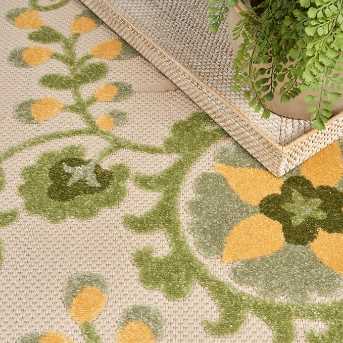 Nourison Home Aloha Ivory Green 9' x 12' Area Rug - Easy Clean, Non Shedding, Bed Room, Living Room, Dining Room, Kitchen (9' x 12')