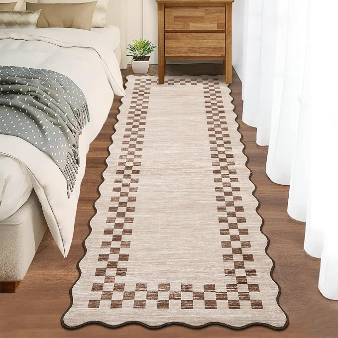 GarveeHome Hallway Kitchen Runner Rug 2x6 Non Slip Scalloped Washable Rug | Entry Stain Resistant Modern Border Throw Floor Carpet, Long Runner Mat for Bathroom Living Room Bedside, Beige