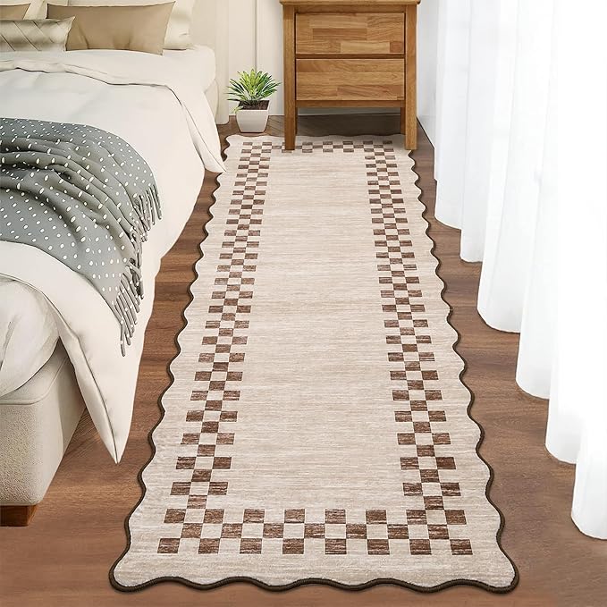 GarveeHome Washable Runner Rug 2x10 Modern Bordered Hallway Runner Rug | Non Slip Kitchen Throw Carpet, Checkered Entryway Runner Rugs, Low Pile Solid Rugs for Living Room Bedroom Nursery, Beige