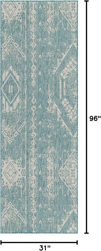 Unique Loom Outdoor Bohemian Collection Area Rug - Anthro (2' 7" x 8' Runner, Light Aqua/ Ivory)