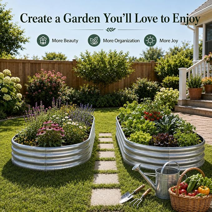 HOOPLE 2 Pack Raised Garden Bed 4x2x1FT, Galvanized Metal Raised Garden Bed Outdoor, Oval Design with Open Base for Better Drainage, Compact Garden Bed for Vegetables, Herbs & Flowers
