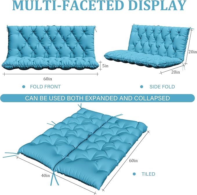 Porch Swing Cushion with Backrest,Waterproof Bench Cushion for Outdoor Furniture,2-3 Seater Replacement Thickened 5 in swing cushion,with Ties,Patio,Outdoor,Backyard and Garden (Lake Blue,60x40 in)