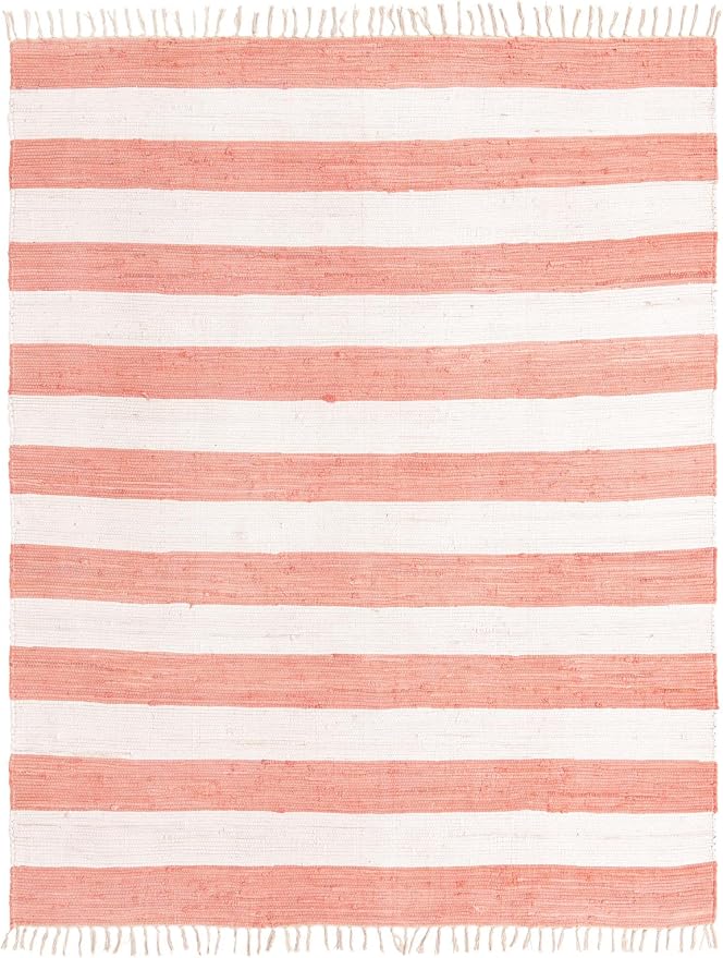 Unique Loom Chindi Rag Collection Area Rug - Striped (7' 10" x 10' Rectangle, Coral and Ivory)