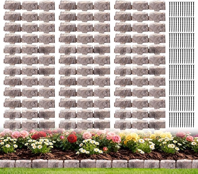 Landscape Edging Faux Stone Edging Garden Edging Border,68FT x 2.75 in Tall Decorative Stone-Look Garden Border for Flower Bed Edging,Yard Edging,Lawn Trees and Gardens,with Anchoring Spikes,Brown