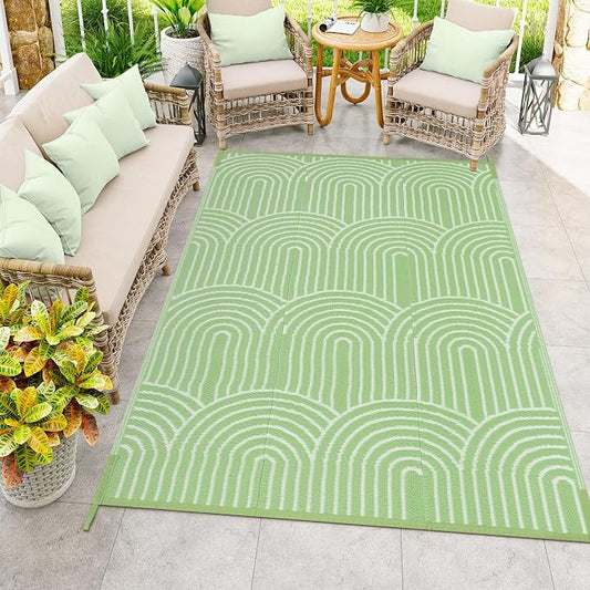Anidaroel Patio Rugs Outdoor 6’x9’ Clearance Waterproof, Reversible Rainbow Outdoor Plastic Straw Outside Rugs, RV Outdoor Rugs for Camping, Porch, Balcony, Backyard (Green, 6‘X9')