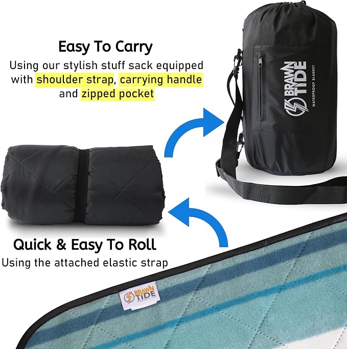 BRAWNTIDE Large Waterproof Outdoor Blanket, Extra Thick Fleece, Warm, Windproof & Sandproof, Quilted Stadium Blanket for Sports Events, Beach, Camping, Picnics, Dogs & Car, 82" x 55
