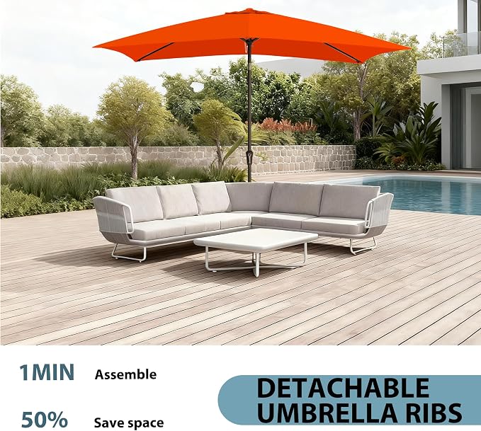 6.5x10FT Rectangular Patio Umbrella with Push Button Tilt & Crank Lift for Garden,UV Protection Outdoor Umbrella for Deck,Pool and Yard,Orange