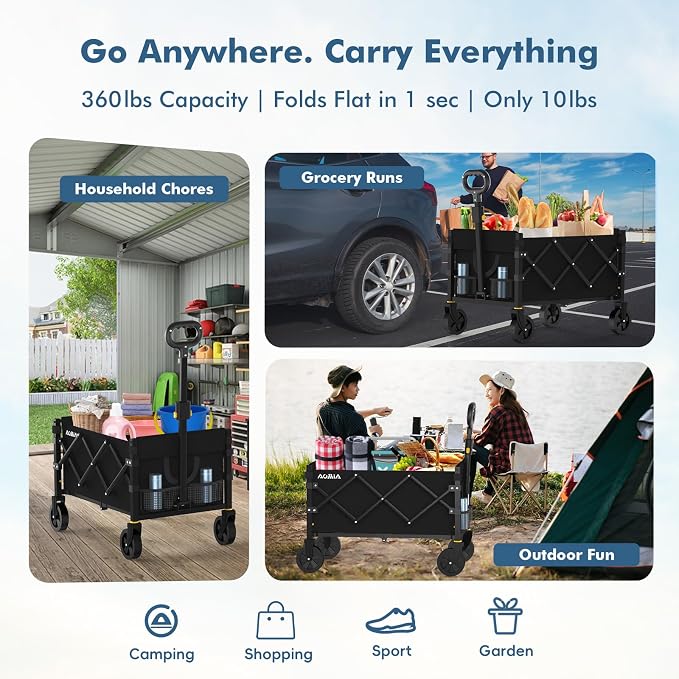 Collapsible Foldable Wagon with Wheels Heavy Duty Folding Wagons Carts 360LBS Weight Capacity Portable All Terrain Utility Wagon Cart for Groceries Sports Garden Shopping Camping Beach