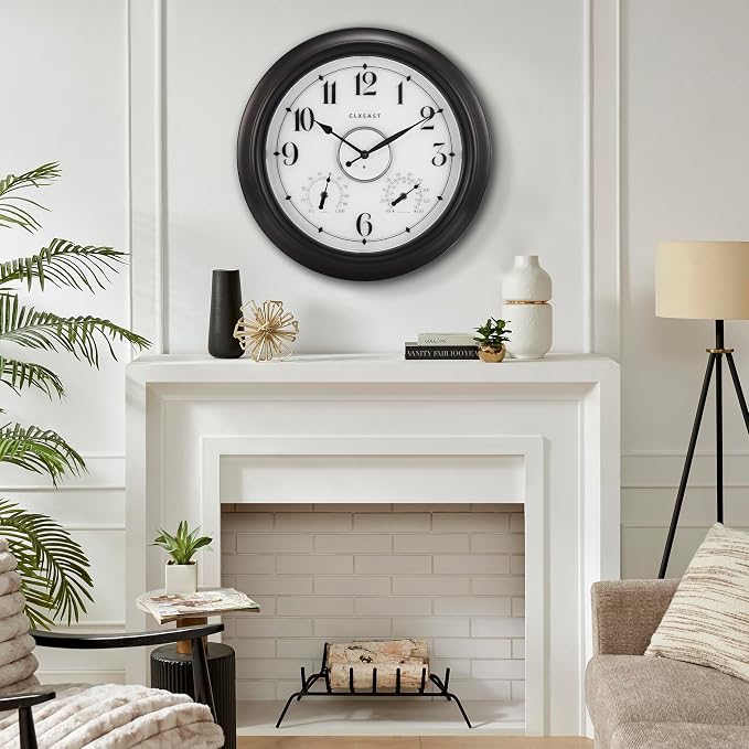 CLXEAST Illuminated Indoor Outdoor Clocks Waterproof 18 inch with Smart Night Light Sensor,Large Wall Clock with Thermometer & Hygrometer,Oil Rubbed Bronze Black