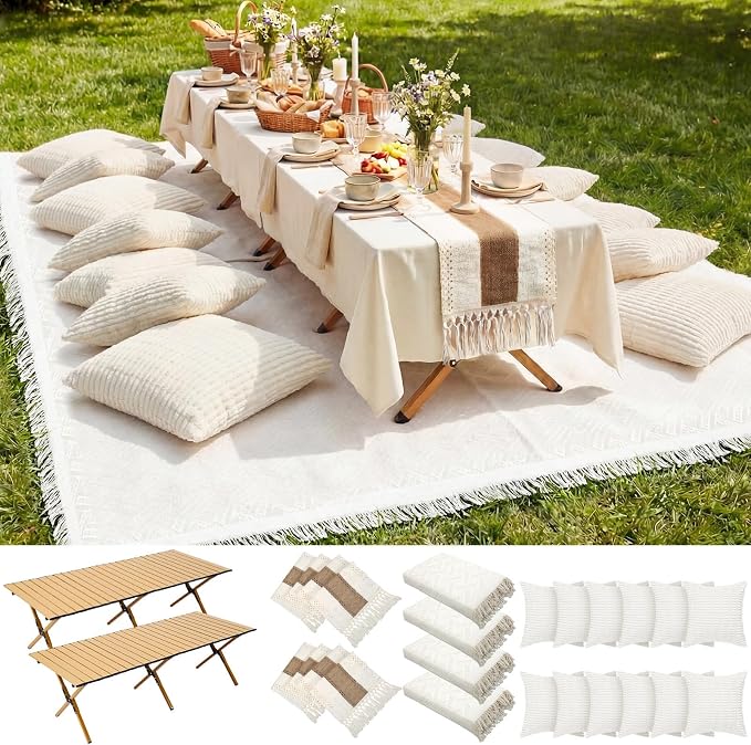 Novabright Picnic Kit Folding Picnic Table Extra Large Outdoor Boho Blanket Beige Table Runner Floor Pillow Covers Woven Cotton Oversize Washable for Camp Wedding(Cream White,Pillow Covers,20 Pcs)