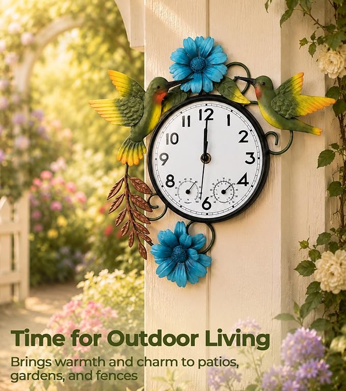 Outdoor Clock with Thermometer and Hygrometer Combo | Silent Non-Ticking Outside Clocks for Patio Waterproof, Metal Decorative Wall Clock for Living Room, Blue Daisy & Hummingbird