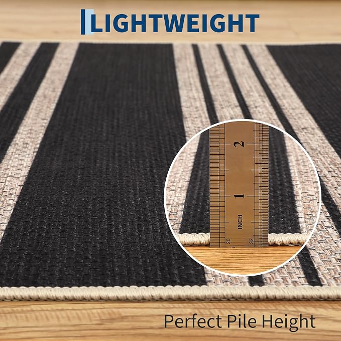 Garvee 5x7 Area Rugs Easy Jute Washable Rugs Living Room, Black & Natural | Modern Line Print Area Rug Stain Resistant Easy Cleaning Throw Rugs Non Shedding Low Pile Floor Cover for Nursery Dining Room