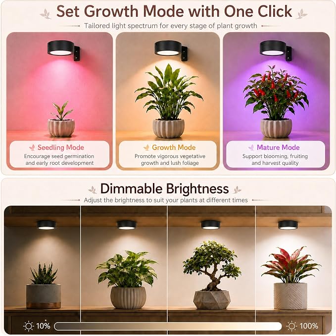 3-Pack Rechargeable Grow Lights for Indoor Plants, Cordless Plant Grow Lamp | Wireless Full Spectrum LED Plant Light with Magnetic, 7 Lights Mode Puck Grow Lamp with Remote Dimmable＆Timer for Plant Shelf