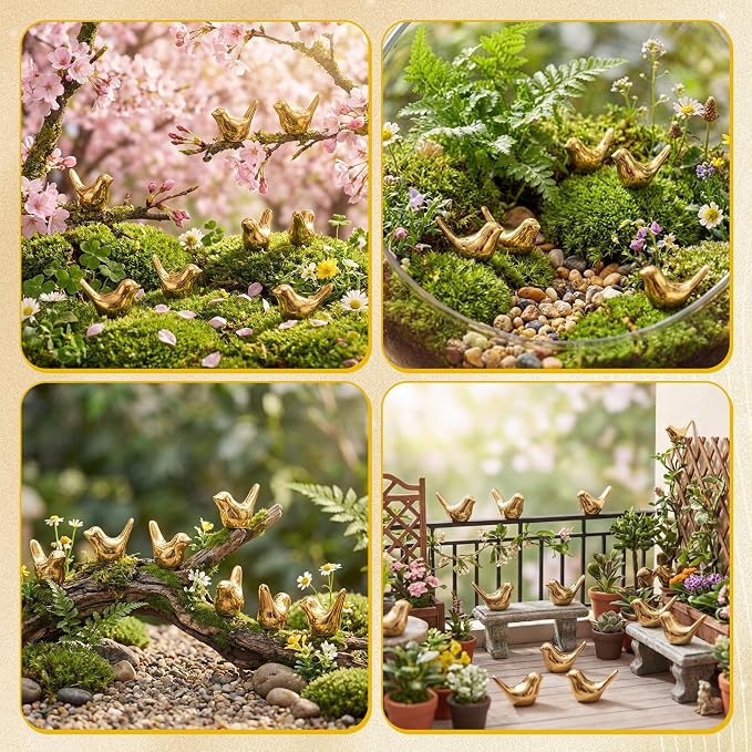 Sieral 50 Pcs Gold Mini Bird Figurines Miniature Resin Bird Statues Small Animal Statues Fairy Garden Accessories for Micro Garden Landscape Dollhouse Cake Potted Plants DIY Craft, 0.59" x 0.67"