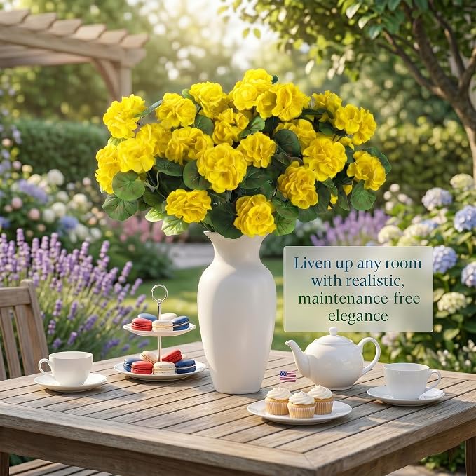 24 Pcs Artificial Geranium Flowers for Outdoor, UV Resistant Geraniums Artificial Flowers Realistic Faux Flowers Outdoor for Planters Outside Porch Garden Decor (15.3",Yellow)